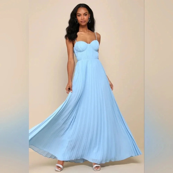 Lulus Admirable Elegance Light Blue Pleated Bustier Maxi Dress Wedding Party - Picture 2 of 10
